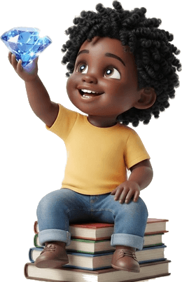 Cartoon toddler sitting on a stack of books, holding up a sparkling blue gem