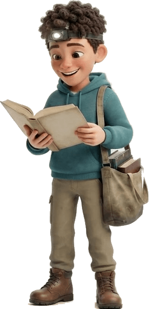 Cartoon teenager in a teal hoodie reading a book